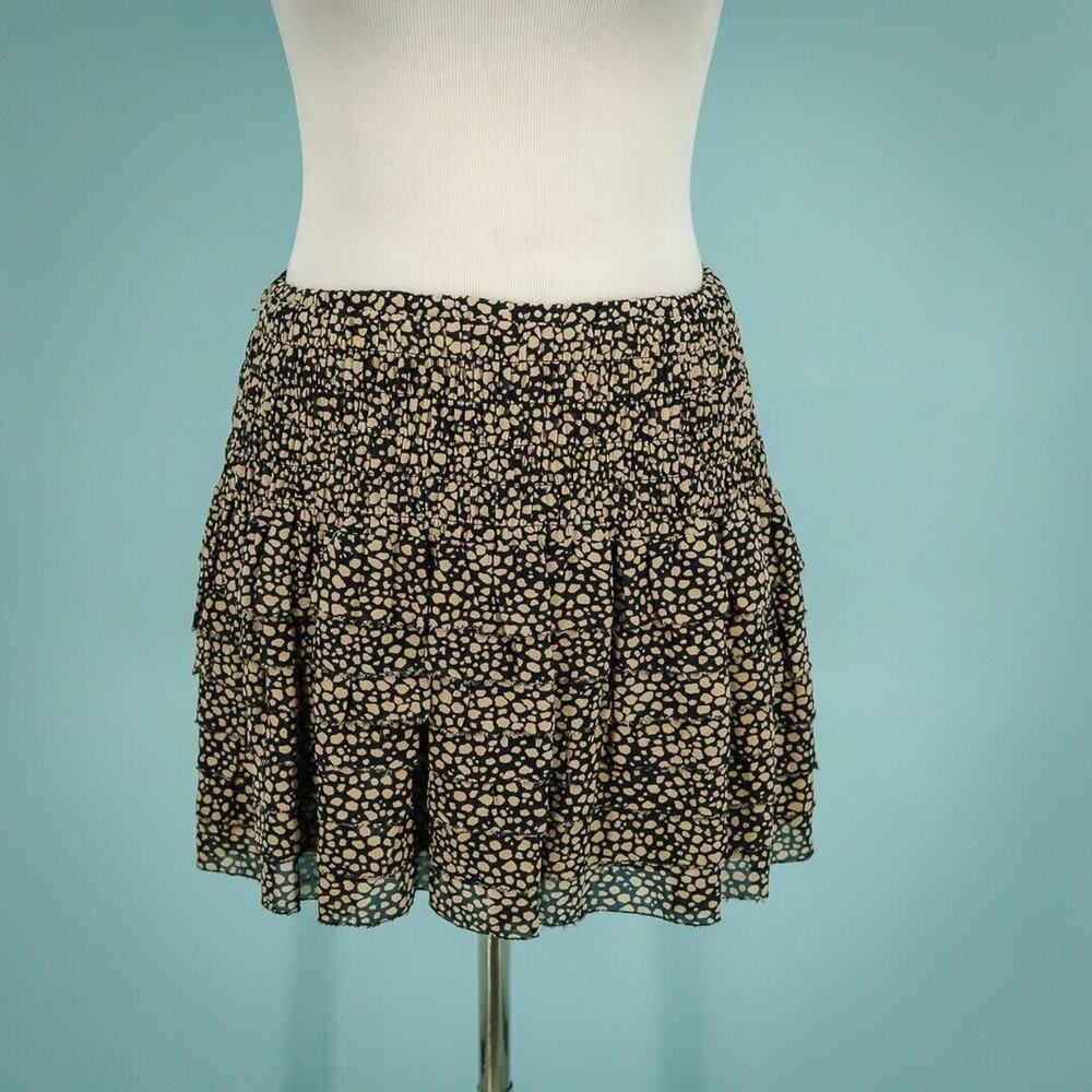 Ulla Johnson Size 2 Black Tan Print Smocked Elastic Pull On Layered Silk Skirt
